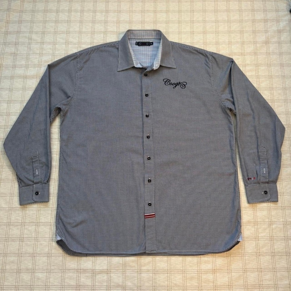 Coogi Mens XXL Houndstooth Button Down Shirt Navy White Long Sleeve Cotton Logo